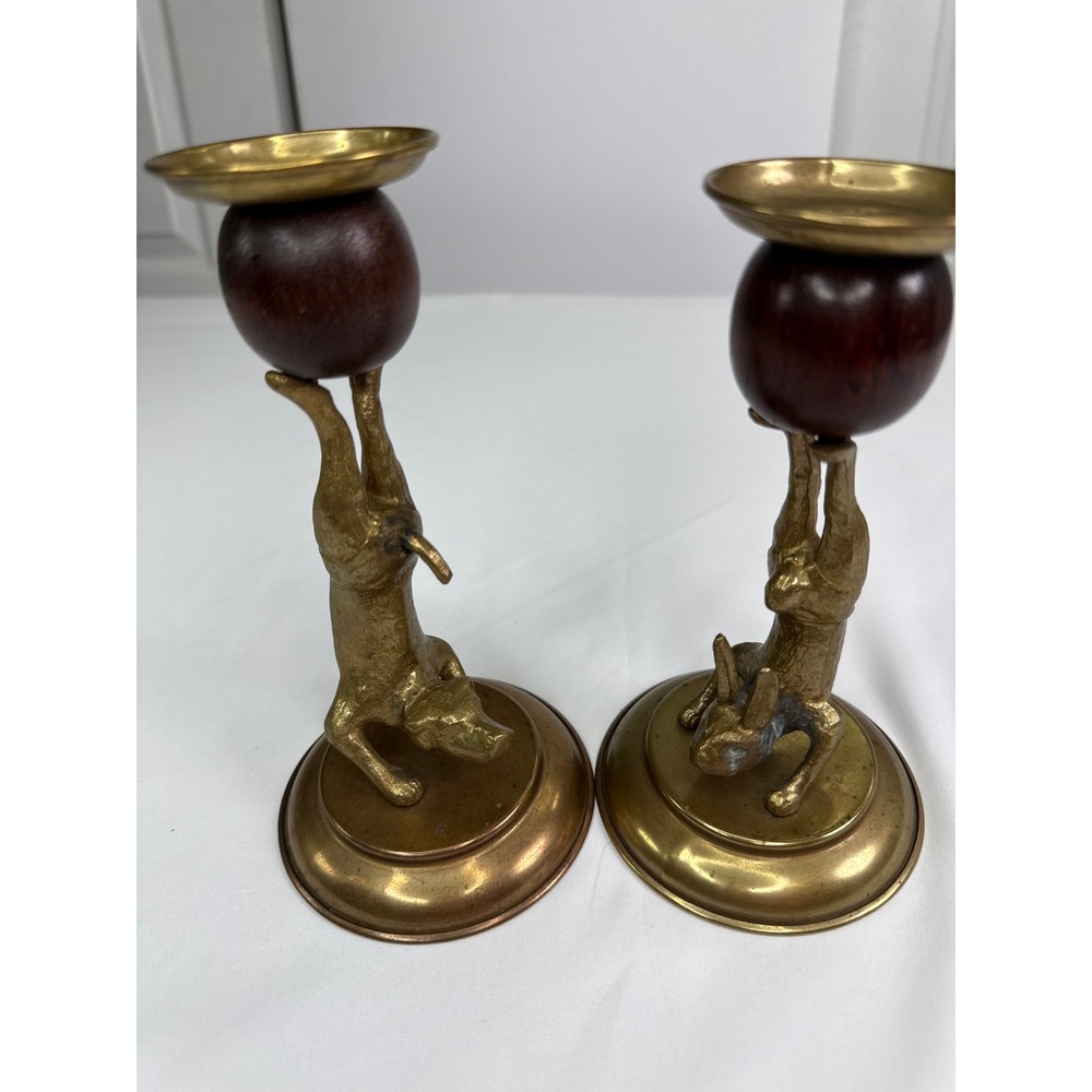 Arthur Court 1977 Brass Wood Dog Rabbit Handstand Candle Holders Pair Vintage
